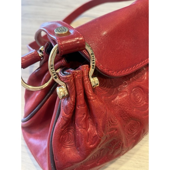 Marino Orlandi Red Embossed Leather Shoulder Bag Floral Tooled Gold Hardware - Picture 6 of 14